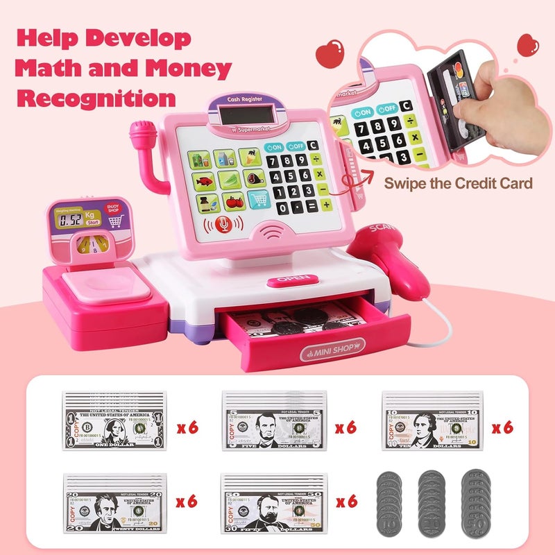 BAODLON Play Calculator Cash Register Toy Gift for Kids Girls Age 3, 4, 5, 6, 7, 8+ Year Old, 57 Pcs Pink Pretend Grocery Store Playset, Incl Microphone, Credit Card, Scanner, Fake Food, Play Money for Kids - Image 4